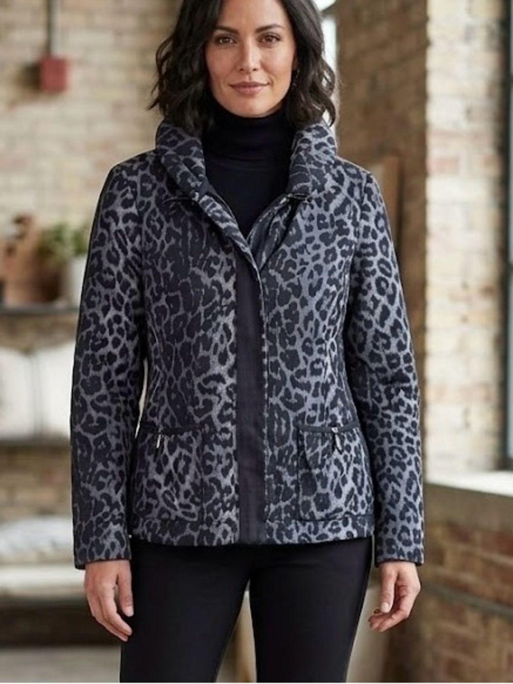 Spanner Grey Leopard Print Nylon Funnel Neck Jacket 12 Casual Chic Edgy Luxury